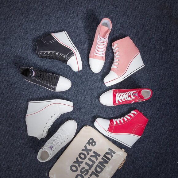 Wedge Sneakers Women's Canvas High Heel Platform Lace Up Zipper Casual Chic - Picture 4 of 6